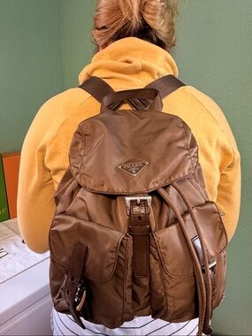 Prada Brown Nylon Drawstring Buckle Backpack